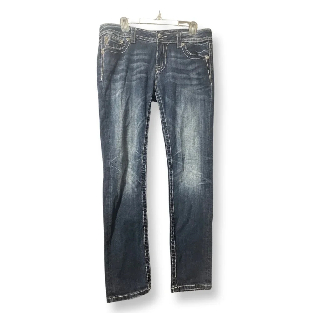 Miss Me Womens Slim Skinny Jeans Blue Pockets Embellished Dark Wash Denim 31